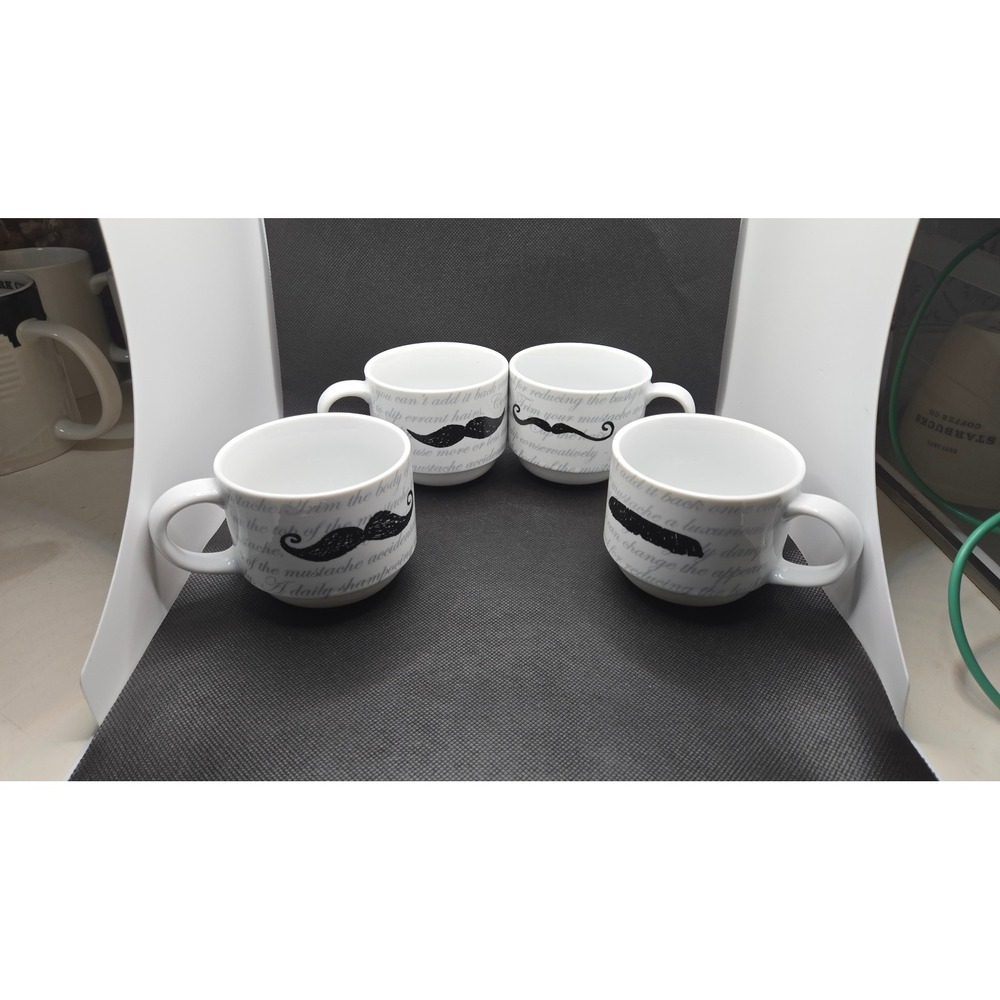 Set of 4 Pier 1 Mustache Ceramic Coffee Mugs White Black Handlebar Chevron Mugs